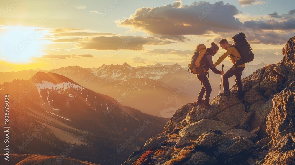 A photo of two hikers helping each other reach the top A photo of two hikers helping each other reach the top