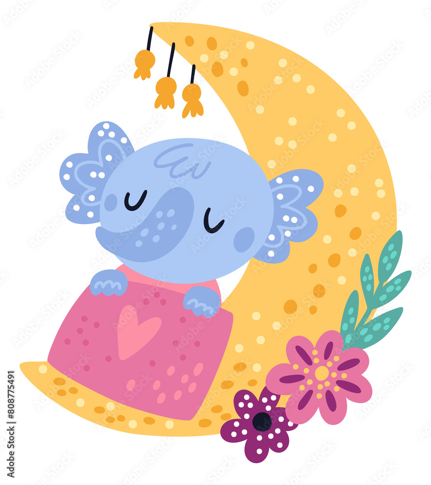Cute elephant sleep on crescent. Lovely dream animal Cute elephant sleep on crescent. Lovely dream animal