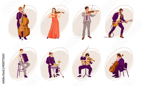 Vector illustration of musicians playing different instruments, in a flat graphic style, on a white background, illustrating a musical ensemble concept. Vector illustration