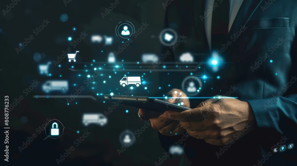 Online transportation service: blurry dark background with a Man in a suit with a tablet