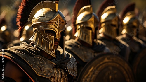 Greek hoplites in formation: Bronze armor shines in sunlight for battle