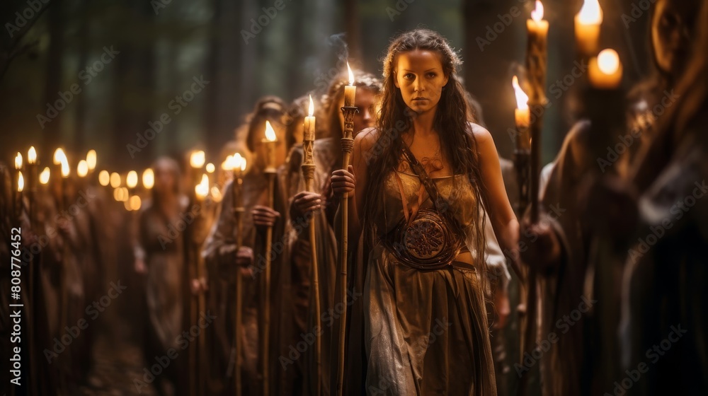 Torchbearers honor goddess Hecate illuminating moonlit forest path