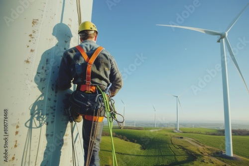 A lone wind turbine technician, secured by a safety harness, ascends a towering wind turbine set against a backdrop of clear blue sky. 
