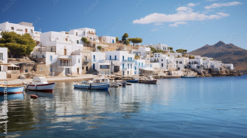 Greek fishing village whitewashed houses fishing boats by sea Greek fishing village whitewashed houses fishing boats by sea