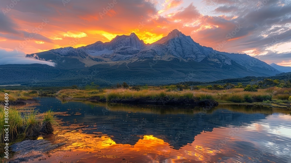 A stunning sunrise over the mountains with water reflecting in front The sky is painted in the style of warm hues