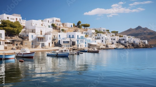 Greek fishing village whitewashed houses fishing boats by sea photo