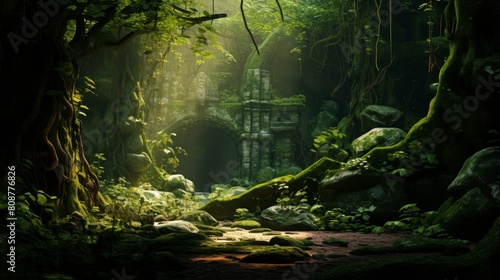 sacred forest: Pan's dedication hidden grottoes lush flora playful woodland creatures © javier