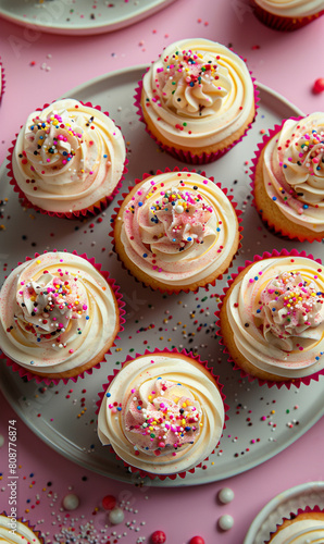 Plate of Cupcakes With White Frosting and Sprinkles