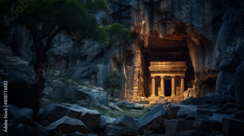Hidden cave under Acropolis believed to hide ancient treasures lit by torchlight photo