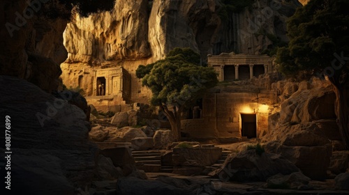 Subterranean cavern beneath Acropolis thought to conceal ancient treasures lit by torchlight photo