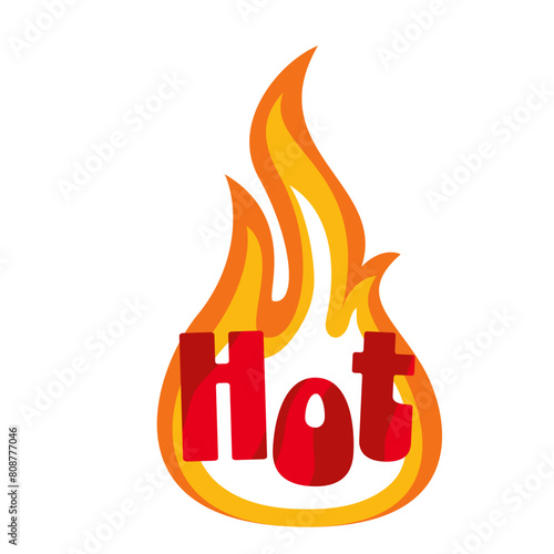 Hot text in fire, cartoon spicy food menu sticker. Hot chili pepper stamp for pungent dish of Mexican or Asian traditional cuisine, cartoon typographic label burning in gold flame vector illustration