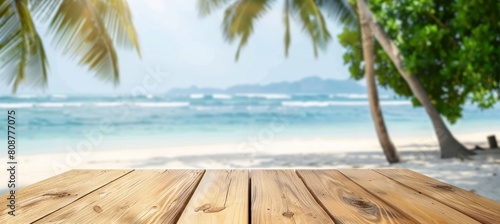 Wooden Table with Blurred Beach Backdrop