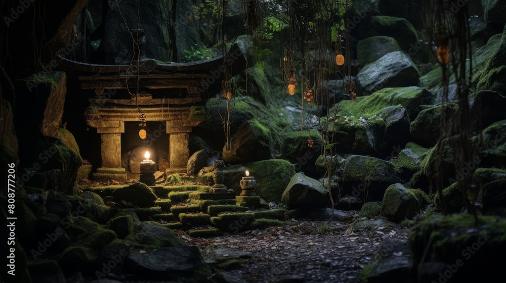 Concealed cave shrine to Pan god of the wild with ancient relics and torchlight Concealed cave shrine to Pan god of the wild with ancient relics and torchlight