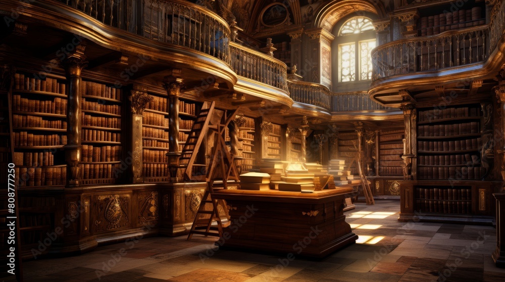 Ancient labyrinthine library filled with texts where scholars seek forgotten knowledge