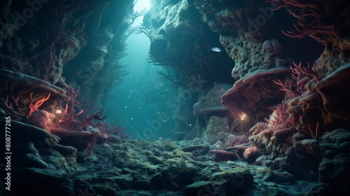 Underwater cave system believed to be Poseidon's lair with coral formations photo