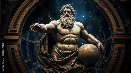 Awe-inspiring statue of Titan Atlas supporting celestial globe amidst stars photo