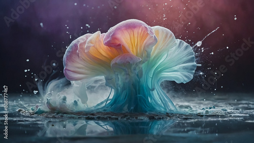 Colorful paint drops from above mixing in water. Ink swirling underwater 