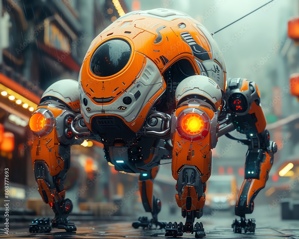 Craft a stunning digital rendering showcasing a tilted angle view of a futuristic robotic masterpiece Incorporate innovative lighting techniques to enhance the dystopian atmosphere using CG 3D renderi