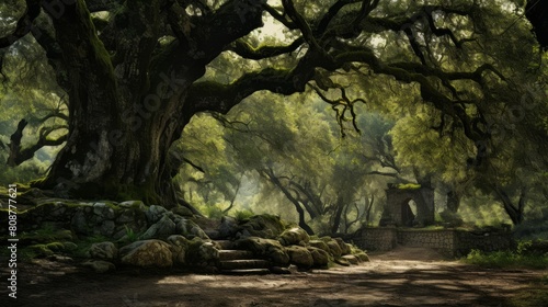 Seeking wisdom among ancient oaks oracle listens to rustling leaves photo