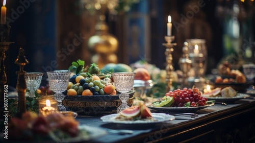 Banquet at Greek merchant s opulent gathering exotic delicacies ornate decor lively entertainment