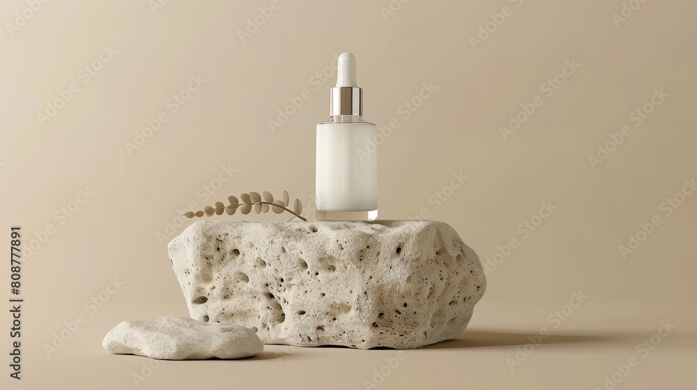 Glass bottle with white liquid essence on natural stone stand, beige pastel background. Organic spa cosmetic skincare product. Glass bottle with white liquid essence on natural stone stand, beige pastel background. Organic spa cosmetic skincare product.
