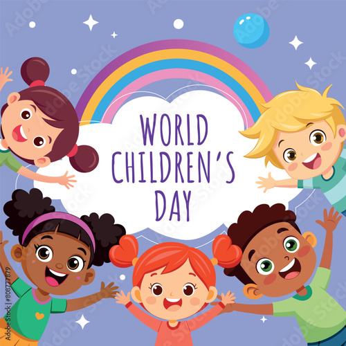 Vector world children day, group cute little boys and girls vector illustration