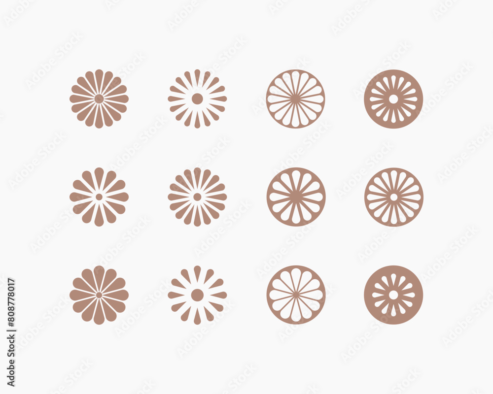 Camomile flower emblem. Set of 12 geometric circle shape. Modern linear design emblem. Modern abstract linear compositions and graphic design elements. Camomile flower emblem. Set of 12 geometric circle shape. Modern linear design emblem. Modern abstract linear compositions and graphic design elements.