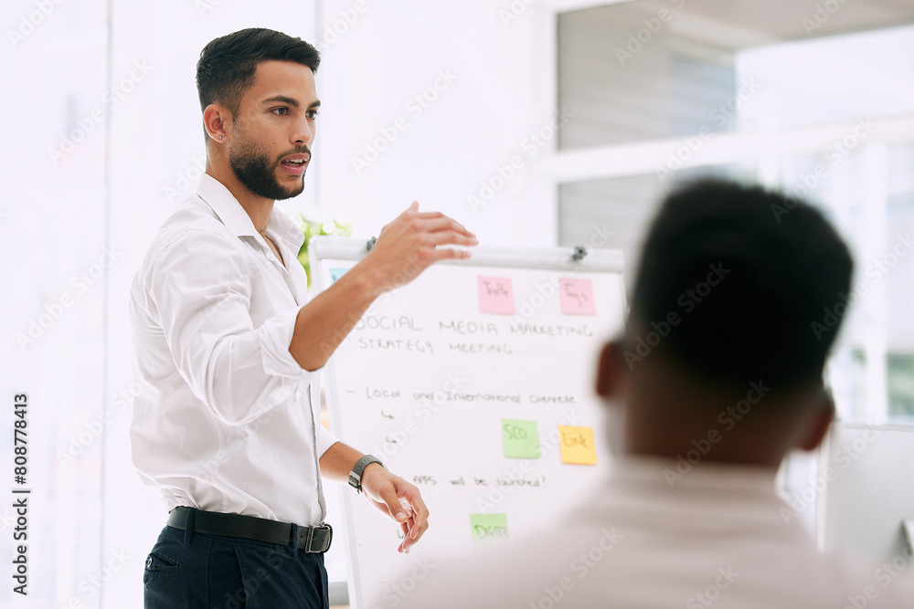 Obraz premium Presentation, board and businessman with audience in meeting for career planning, ideas or team mission. Presenter, speaking or leader talking to employees, brainstorming and training in workshop