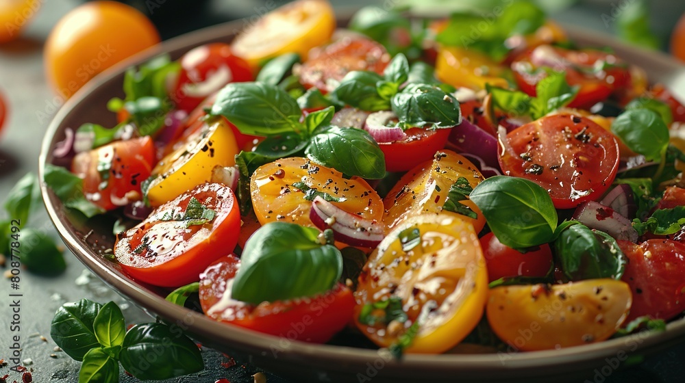 A bowl of mixed salad on a table, with visible tomatoes, onions, basil, and oranges A bowl of mixed salad on a table, with visible tomatoes, onions, basil, and oranges