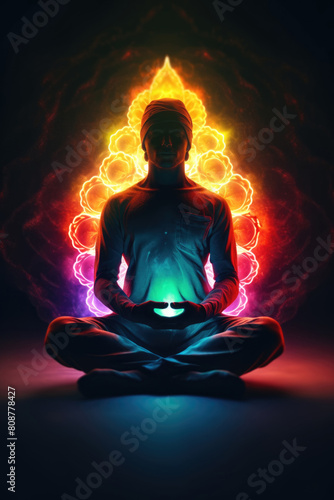 A man sits with crossed legs in a meditation pose in the center of the image