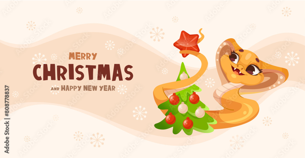 Naklejka premium A cute cartoon snake wearing a Christmas hat entwined around a tree, on a beige snowflake-patterned background, festive concept. Vector illustration
