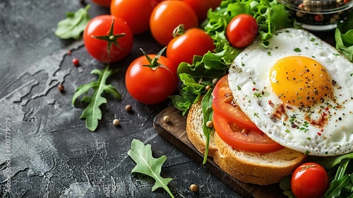  An egg, tomato, and lettuce sandwich on a cutting board with tomatoes and lettuce nearby