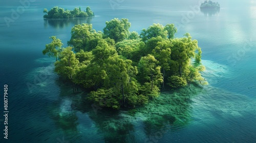 Here is the stunning image of a lush green island. Surrounded by water  this island is home to beautiful trees. It s a wonderful place to visit and explore 