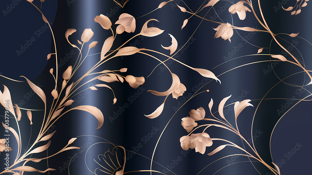 navy blue and gold background with flowers and leaves Stock ...