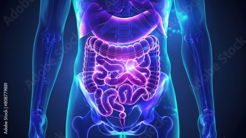 A 3D medical animation of the digestive system. The small intestine is highlighted in blue. photo