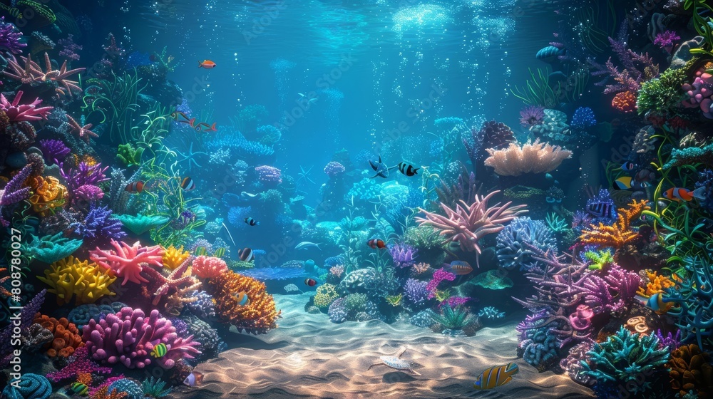 An underwater scene showcasing the vibrant colors of coral reefs and marine life