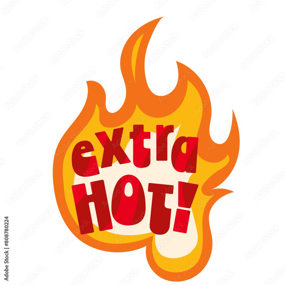 Extra Hot text in fire, cartoon sticker of spicy food menu. Funny emblem with red comic bold font burning in orange flame, cartoon typography badge of meal with hot chili pepper vector illustration Extra Hot text in fire, cartoon sticker of spicy food menu. Funny emblem with red comic bold font burning in orange flame, cartoon typography badge of meal with hot chili pepper vector illustration