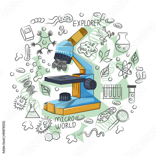 An illustrated microscope surrounded by scientific elements on a white background, representing exploration of the micro world. Vector illustration