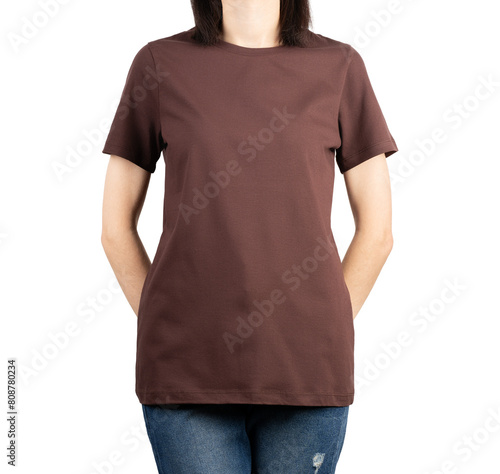 Women's T-shirt with short sleeves. Brown blouse on a woman, on a white isolated background.