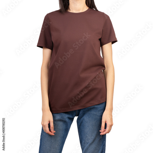 Women's T-shirt with short sleeves. Brown blouse on a woman, on a white isolated background.