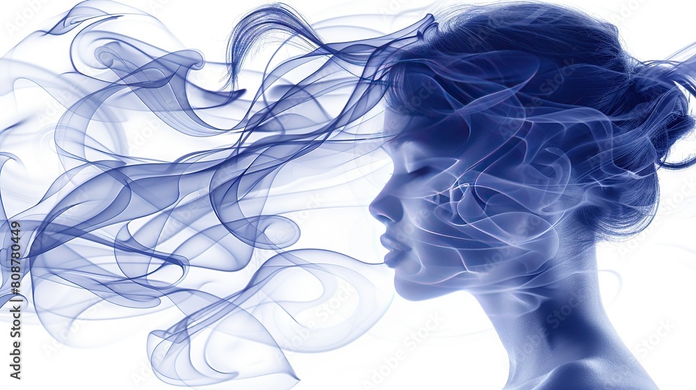 A woman's head is depicted with smoke emanating from both the top and bottom A woman's head is depicted with smoke emanating from both the top and bottom