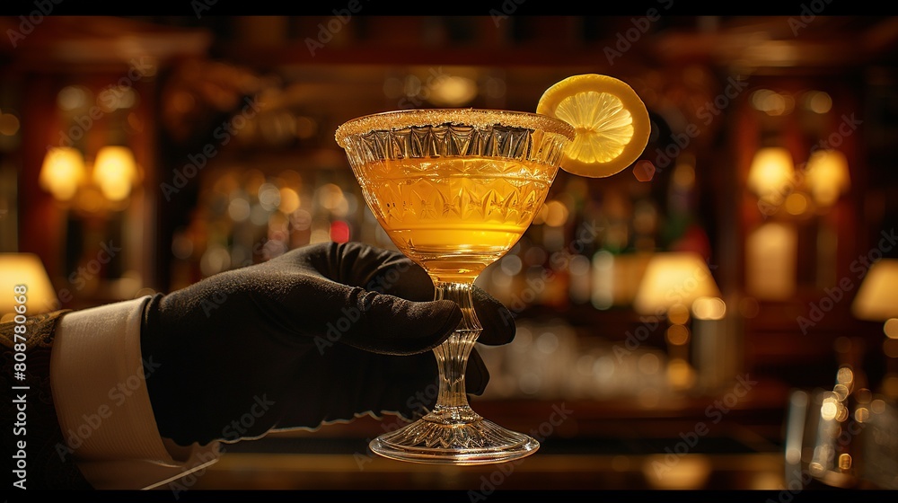   Hand holding glass filled with yellow liquid and topped by lemon slice