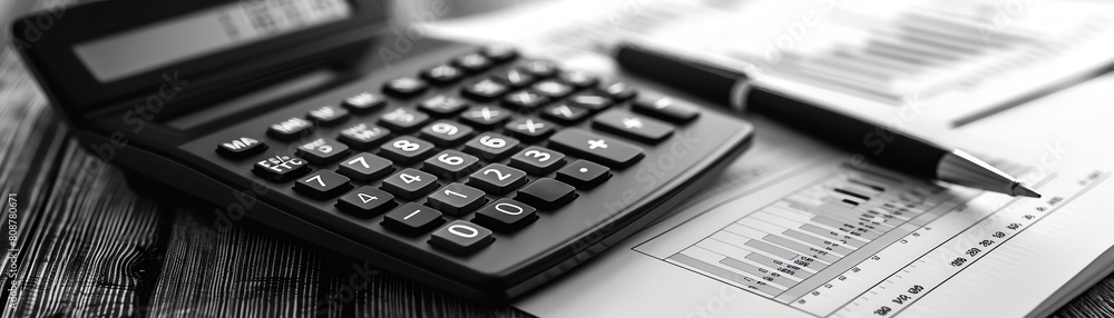 A black calculator sits on top of a desk. Next to it is a pen and some financial papers. A black calculator sits on top of a desk. Next to it is a pen and some financial papers.