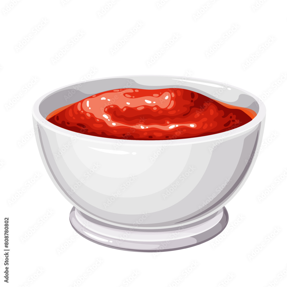 Chili pepper sauce in cartoon white glass bowl. Ceramic round cup of ketchup with spices, tomato paste or sweet sauce, cartoon condiment, spicy dip for fast food and snacks vector illustration Chili pepper sauce in cartoon white glass bowl. Ceramic round cup of ketchup with spices, tomato paste or sweet sauce, cartoon condiment, spicy dip for fast food and snacks vector illustration