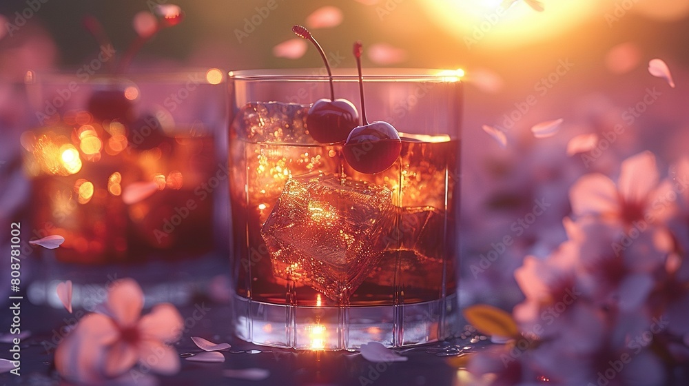 A close-up shot of a drink in a glass filled with ice and topped with cherries, set on a table with vibrant flowers as the backdrop A close-up shot of a drink in a glass filled with ice and topped with cherries, set on a table with vibrant flowers as the backdrop