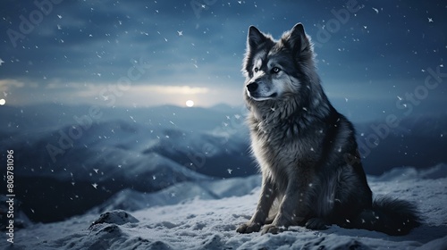 Wolf sitting on top of snowcovered peak watching over its domain with snowy night background