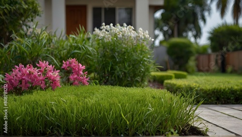 a photo of a green grass cut short front yard garden tall flowers and jasmine, in the background, X-T5 23MM, shallow depth of field