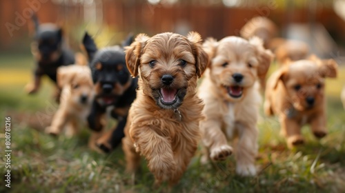animal playfulness, adorable puppies playing joyfully in the yard, a lively and heartwarming scene of canine fun and frolic