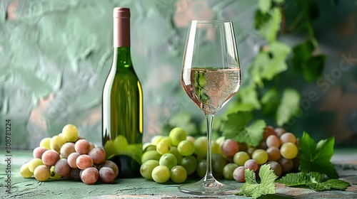  A glass of wine next to an open bottle of wine and a cluster of grapes on a table surrounded by green foliage