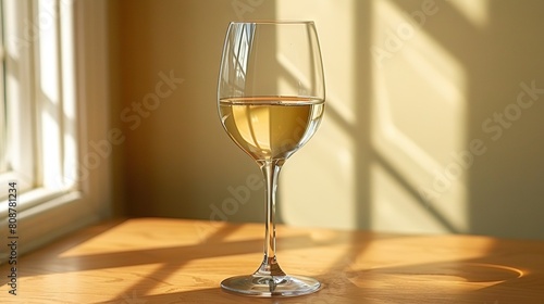  A glass of white wine sits atop a table, bathed in sunlight streaming through the sills